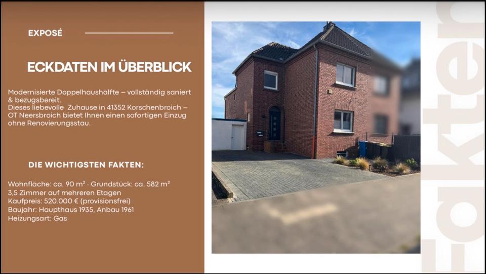 Doppelhaushälfte Korschenbroich - 3.5 Zimmer, 90 m&sup2;, 519.000&euro; | Angebot:26716745