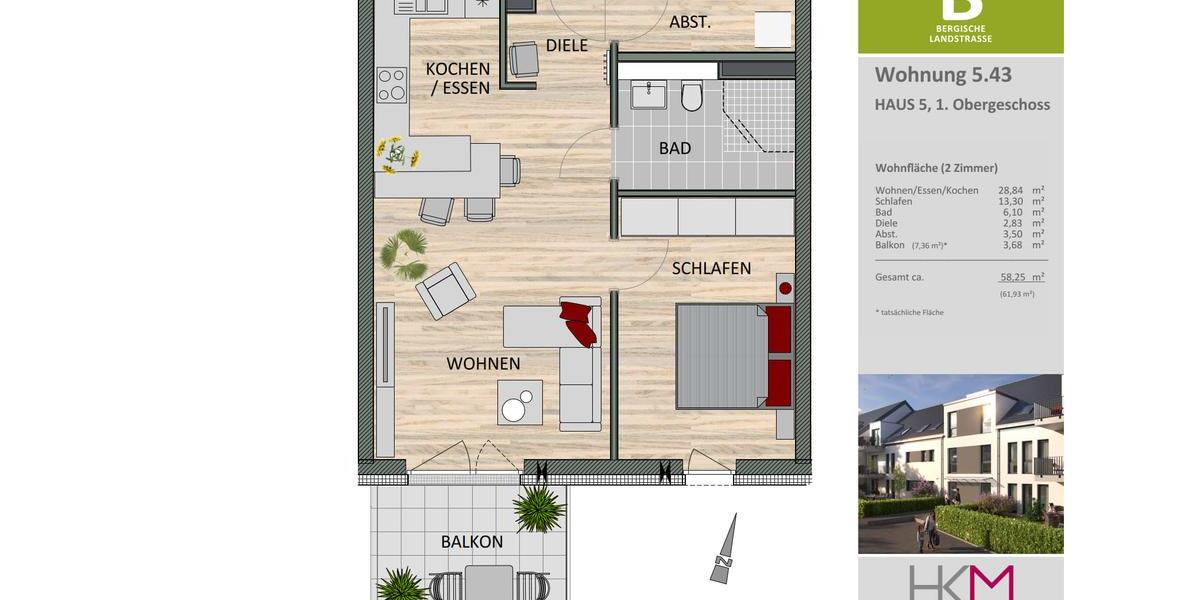 Etagenwohnung Leverkusen Schlebusch - 2 Zimmer, 58 m&sup2;, 960&euro; | Angebot:25265414