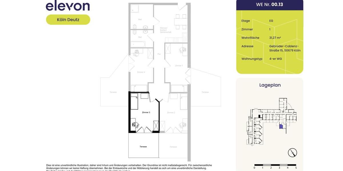 Erdgeschoßwohnung Köln Mülheim - 1 Zimmer, 31 m&sup2;, 444&euro; | Angebot:23567351