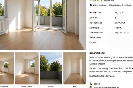 Wohnung Köln Mülheim - 2 Zimmer, 40 m&sup2;, 1.150&euro; | Angebot:26265944
